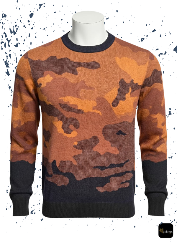 Men's Bold Orange & Black Camouflage Crew Neck Sweater