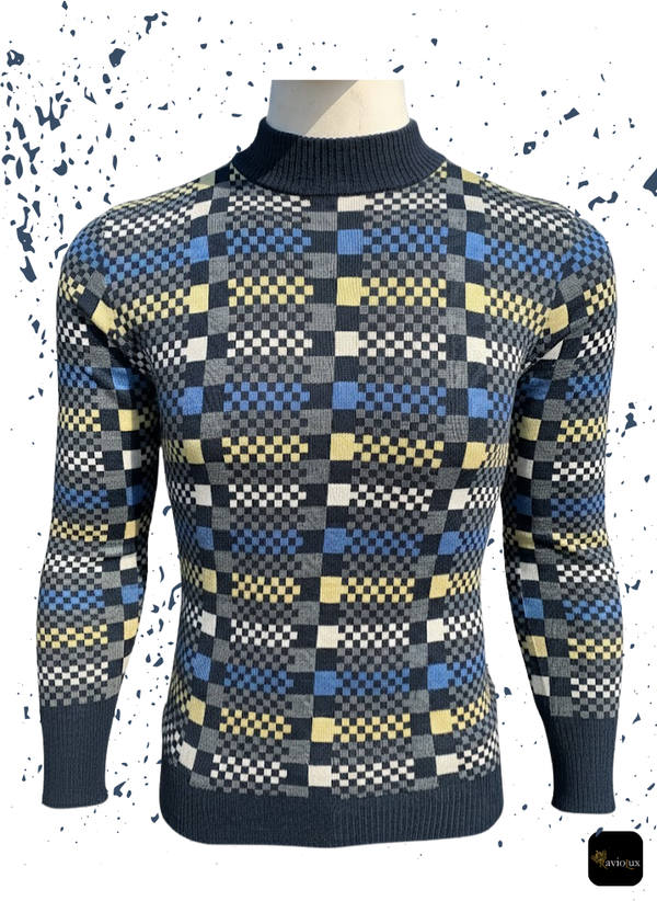 Men's Retro Geometric Check Mock Neck Sweater