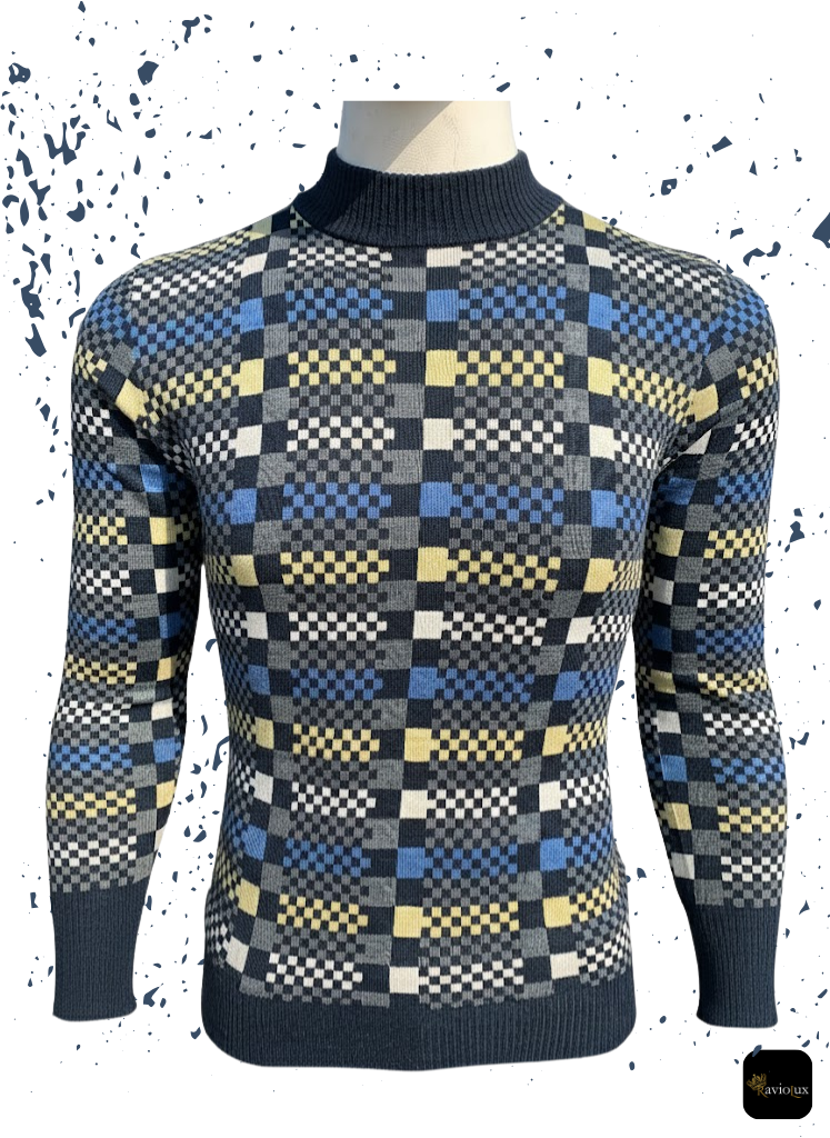 Men's Retro Geometric Check Mock Neck Sweater
