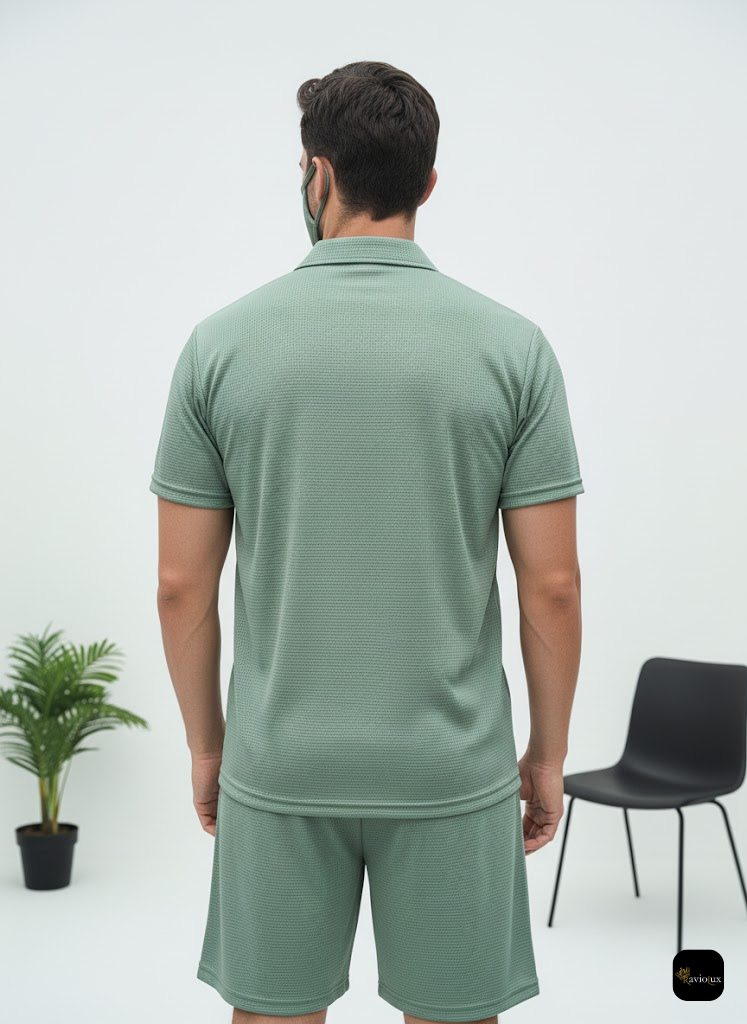 Men's Summer Casual Two-Piece Set - Shirt & Shorts - Green Textured