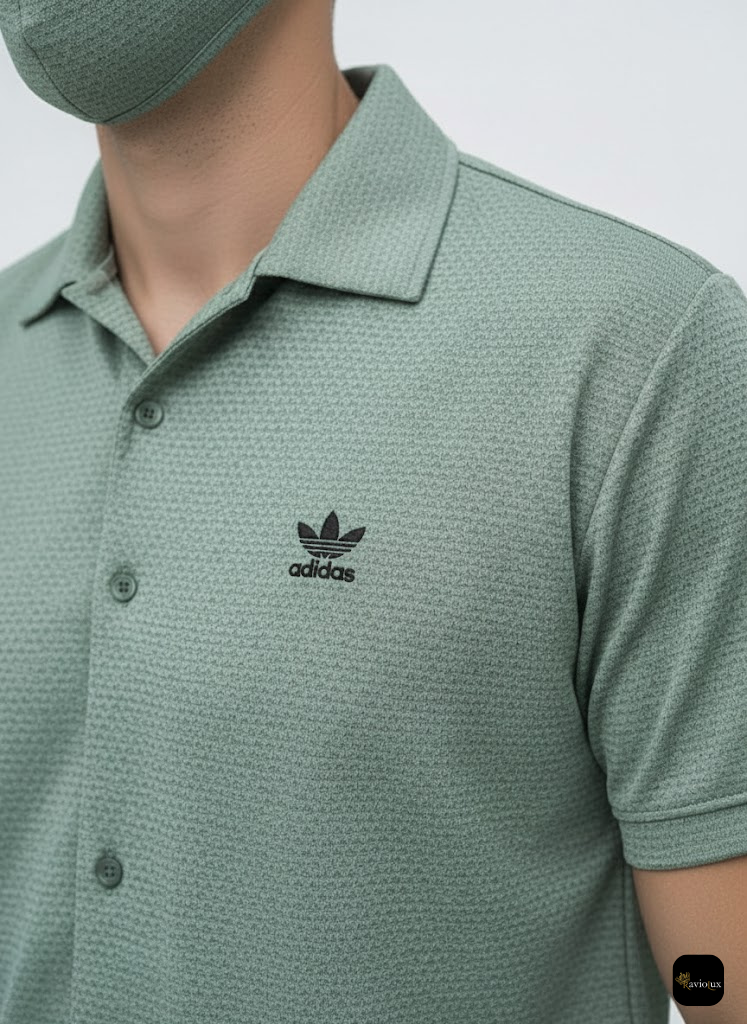 Men's Summer Casual Two-Piece Set - Shirt & Shorts - Green Textured