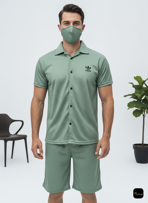 Men's Summer Casual Two-Piece Set - Shirt & Shorts - Green Textured