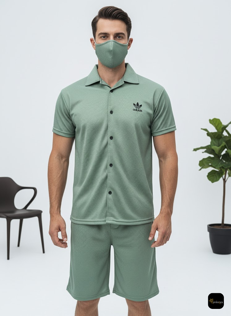 Men's Summer Casual Two-Piece Set - Shirt & Shorts - Green Textured