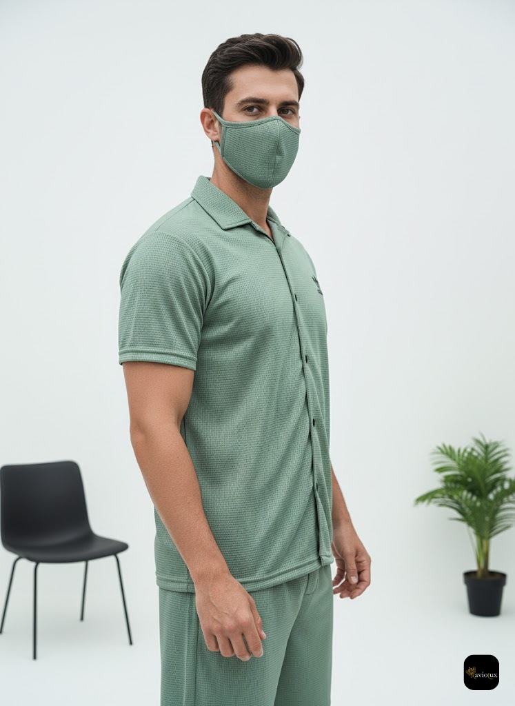 Men's Summer Casual Two-Piece Set - Shirt & Shorts - Green Textured