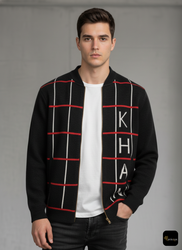 RavioLux Men's Black Wool Checkered Bomber Jacket